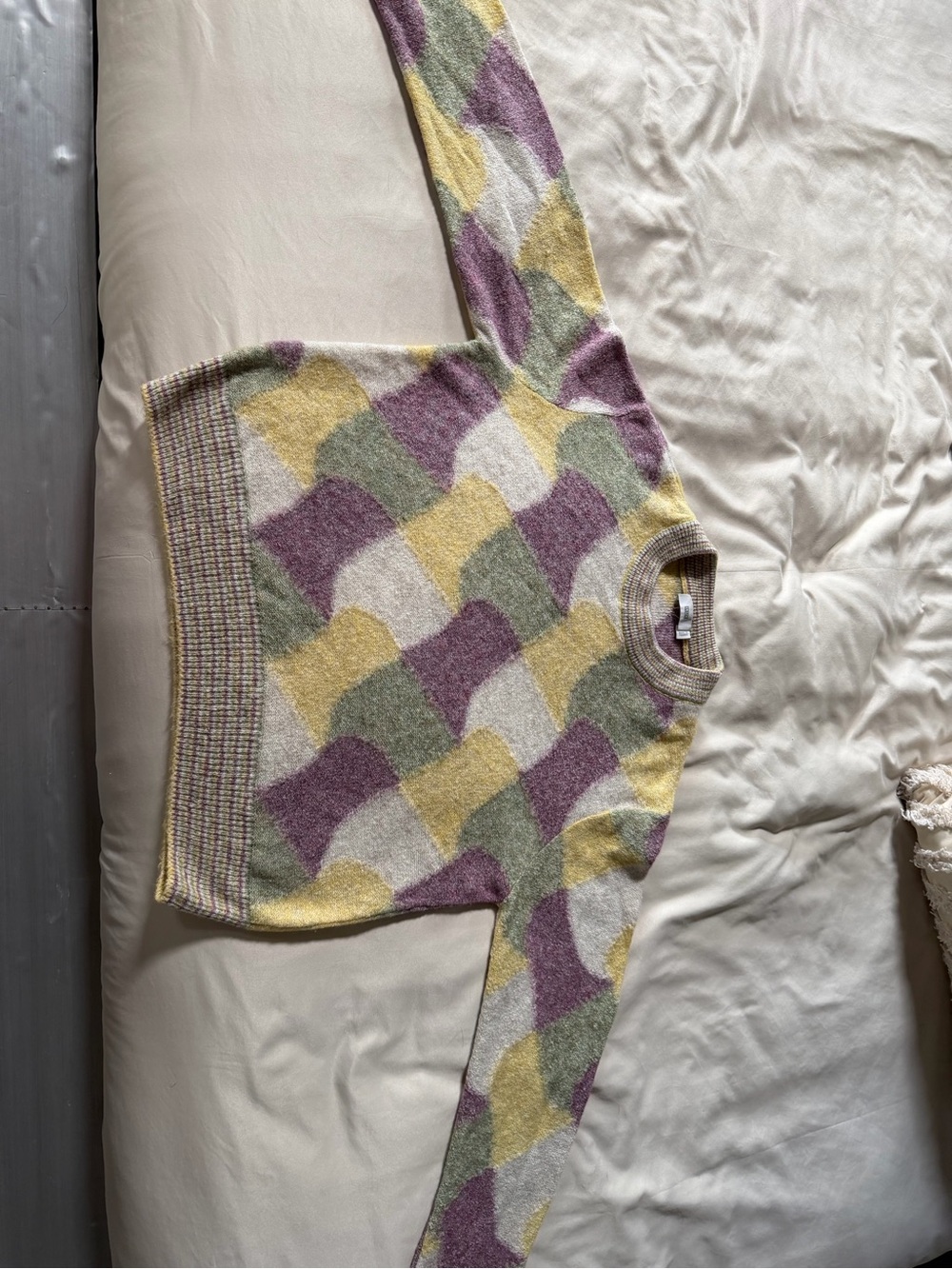 Closed Pastel Wave Crewneck Sweater — Yellow, Lilac & Sage